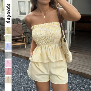 Women's Dark Yellow Casual Summer 2-Piece Breathable Sleeveless Strapless Skinny Shorts <b>Set</b> Quick Dry Polyester/Viscose Plain - Product Image 4