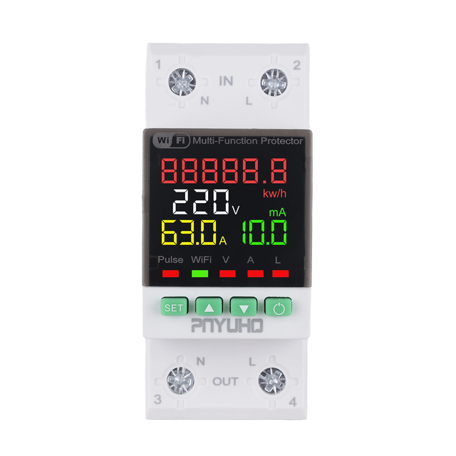 WIFI Voltage Protector with Adjustable Over-voltage and Under-voltage, Leakage Detection, and kWh Power protection 63A  95-300V