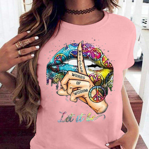 Labbra femminili LASCIA CHE SIA della stampa della lettera T-Shirt avant garde modello bianco T-Shirt comoda delle donne girocollo manica corta T-Shirt - Product Image 3