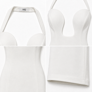 Robe mini moulante A&J pour femme, col halter plongeant avec armature en U, corsage structuré, couture princesse, dos ouvert, GRS Private Label ODM - Product Image 2
