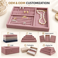 Plateau à bijoux en velours rose personnalisé, organiseur de tiroir empilable avec compartiments sur mesure pour ranger bagues, boucles d'oreilles et colliers