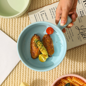 Free shipping, high-quality ceramic bowl with handle, cute solid color, dessert bowl, short-handled salad bowl, <b>microwave</b> safe. - Product Image 2