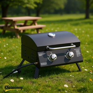 Parrilla portátil de gas propano Outsunny de 2 quemadores con tapa y termómetro para acampar, color negro - Product Image 2