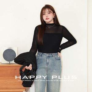 Runqi - Top de Manga Larga con Cuello Alto y Malla Transparente para Mujer, Color Negro Sólido, Talla Grande, Ropa de Trabajo N9007 - Product Image 4