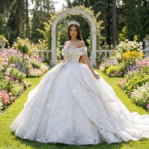Wx385 Ivory Crystal Beaded Embroidered Modern Floral Print Ball Gown <b>Wedding</b> Dress Silver Lace Applique for - Product Image 1
