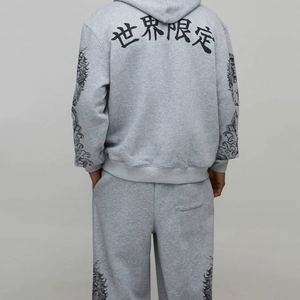 Sweat-shirt à capuche gris chiné imprimé dragon, pantalon de survêtement oriental à jambes larges, ensemble deux pièces personnalisé pour homme - Product Image 3