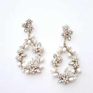 ROMANTIC Fashionable drop shaped women wedding alloy rhinestone pearl earring for bridal