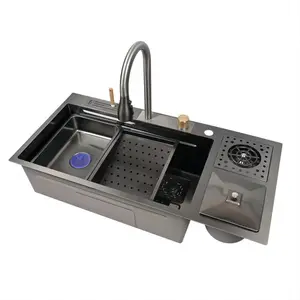 Sanitary Ware Wash Basin Kitchensink Stainless Steel Waterfall Kitchen Sink With Glass Washer Garbage Can Indonesia Have Stock