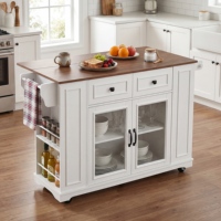 Îlot de cuisine mobile moderne en MDF avec porte vitrée, rangement, prise électrique et étagères ouvertes, chariot de cuisine roulant avec porte-serviettes