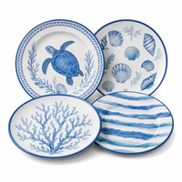 Assortiment d'assiettes en mélamine de qualité restaurant, sans BPA, écologiques, à rayures bleues sur le thème côtier, poids lourd