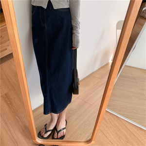 Vintage High-Waist Dunkelblauer Jeansrock für Damen, Herbst, Rückenschlitz, Mittellang, Einfarbig, Eng Anliegend, Schnelltrocknend, Gerade Geschnitten - Product Image 3