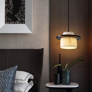 Luminaire suspendu en pierre naturelle et bois massif, style rétro avec abat-jour en travertin/marbre Carrare, <span class=keywords><strong>ampoule</strong></span> E27, montage au <span class=keywords><strong>plafond</strong></span> ou à <span class=keywords><strong>crochet</strong></span> - Product Image 4