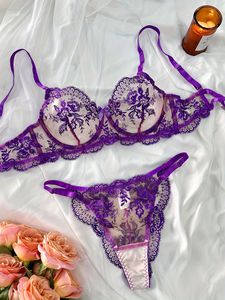 Wholesale Floral Embroidery Lingerie <b>Set</b> <b>Sexy</b> Sheer Mesh Underwire Bra and Thong Panties <b>Set</b> 2 Piece Ladies Lace Underwear <b>Set</b> - Product Image 1