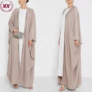 Thanh Lịch Mới Mô Hình Abaya Trong Dubai 2023 Thời Trang Long Lanh Trang Trí Thiết Kế Satin Mở Phía Trước Kaki Phụ Nữ OEM Dịch Vụ Người Lớn Abayas