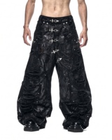 Pantalon DIZNEW noir texturé effet serpent pour homme, déchiré, à franges, avec multiples crochets argentés, boucle à fermoir, rivets, étiquette rouge, coupe oversize, style gothique