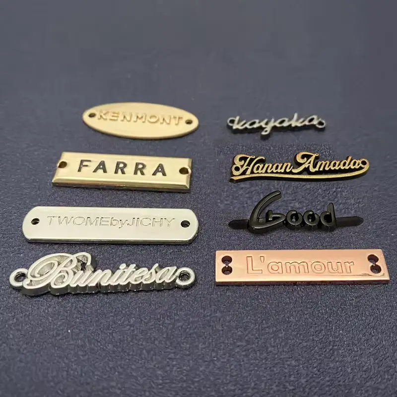 Low MOQ garment accept custom metal bag plate patch logo furniture metal label tag for handbag purse