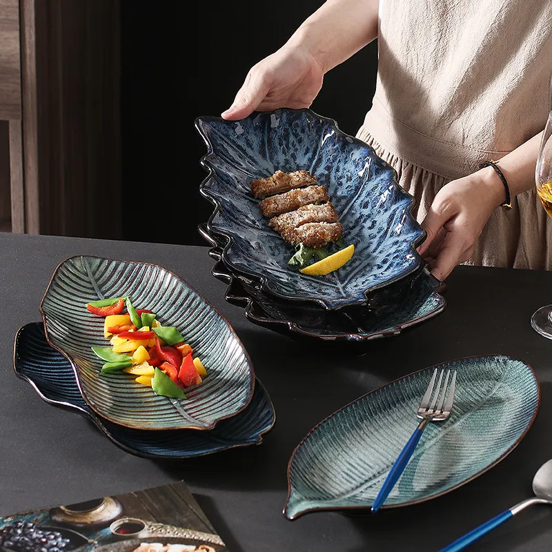 النمط الياباني السيراميك الأسماك المنزلية طبق الإبداعية الأزرق و الأخضر الصقيل أوراق على شكل طبق سوشي
