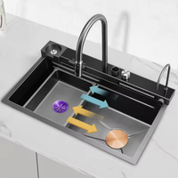 Évier de cuisine moderne noir mat en acier inoxydable 304 à cuve unique avec robinet cascade, à poser sur comptoir, multifonctionnel – Meilleures ventes