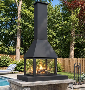 Cheminée extérieure en acier peint noir sur mesure avec porte en verre - Product Image 1