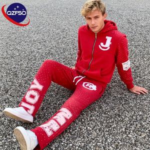 QZFSO personnalisé Vintage acide lavé fermeture éclair brodé sérigraphie graphique Streetwear strass Baggy pantalons de survêtement et ensemble de sweat à capuche - Product Image 1
