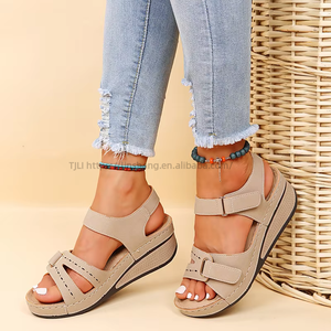 Summer New Large Slope <b>Heels</b> Leisure Fish Mouth Roman Sandals High Casual Square Slippers Open Zip PU Rubber Flat - Product Image 1