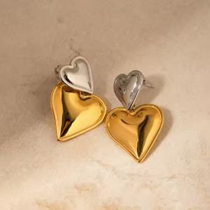Pendientes de Moda de Acero Inoxidable, Antideslustre, Modernos, Lisos, Chapados en Oro de 18K, Pulidos, con Doble Corazón, para Mujer - Product Image 6