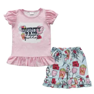 Vente en gros d'ensemble d'été pour enfant en bas âge de boutique Chemise à manches courtes rose à volants County Fair Shorts pour enfants Nouvelle tenue pour bébé fille