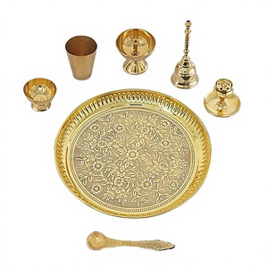 Brass Religious Set With Embossed <b>Tray</b> <b>Candle</b> Stand And Utensils Circular Design Durable For Spiritual Activities - Product Image 1