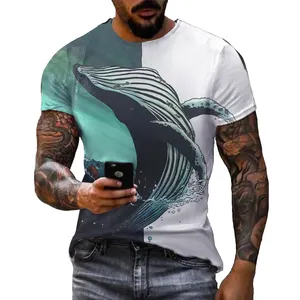 T-Shirt dengan Paus pria, Vintage lengan pendek atasan 3D cetakan penuh ukuran besar gaya jalan kaus kasual untuk pria pakaian