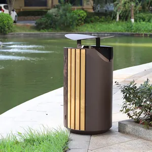 Baru! Tempat sampah luar ruangan Modern untuk taman Streetscape tempat sampah bulat dengan 60L tempat sampah luar ruangan dengan kayu PS sampah komersial