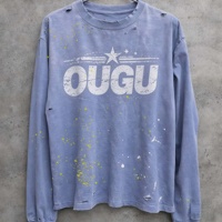 T-shirt à manches longues Ouna personnalisé avec logo, en coton épais vintage, sérigraphié, col rond, effet délavé, coupe décontractée oversize, style hip-hop