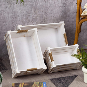 Set <span class=keywords><strong>di</strong></span> 3 Cassette in Legno Ustic, Scatole Contenitore Impilabili con Manici in Juta, Cesto Organizer Decorativo Bianco Invecchiato Stile Rustico - Product Image 4