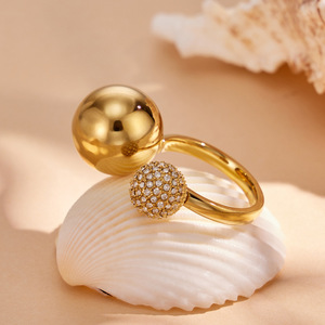 Plain & Paved Zircon Sphere Two Balls Gold <b>Stack</b> <b>Ring</b> - Product Image 1