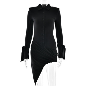 Robe moulante à col polo boutonnée à manches longues pour femme, couleur unie, avec ruban irrégulier à nouer, style mode - Product Image 5