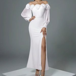 knee length dresses for ladies Padded Shoulder Floral Crystal-embellished A-Line Dress White / FR 48 main image 1