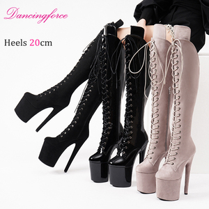20 ס "מ שחור מט סופר גבוה עקבים סקסי הברך עקבים גבוהים צד zip שטוח פלטפורמה laces לרקוד מערב סתיו חורף - Product Image 1