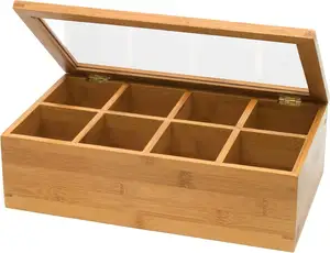 صندوق شاي مخصص من خشب الخيزران بغطاء شفاف 8 أقسام