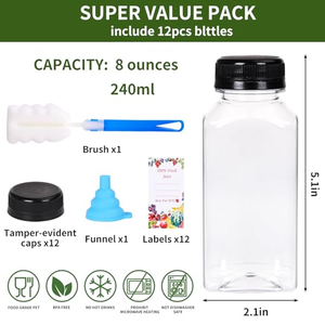 Bouteilles en plastique pour jus de fruits de 2oz, 4oz, 8oz, 12oz, 16oz en gros avec bouchons noirs, étiquettes, entonnoir et brosse pour l'emballage de jus et de boissons - Product Image 2