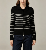Cardigan en tricot polo à fermeture éclair intégrale pour femme, pull slim à manches longues côtelé à rayures horizontales pour le bureau