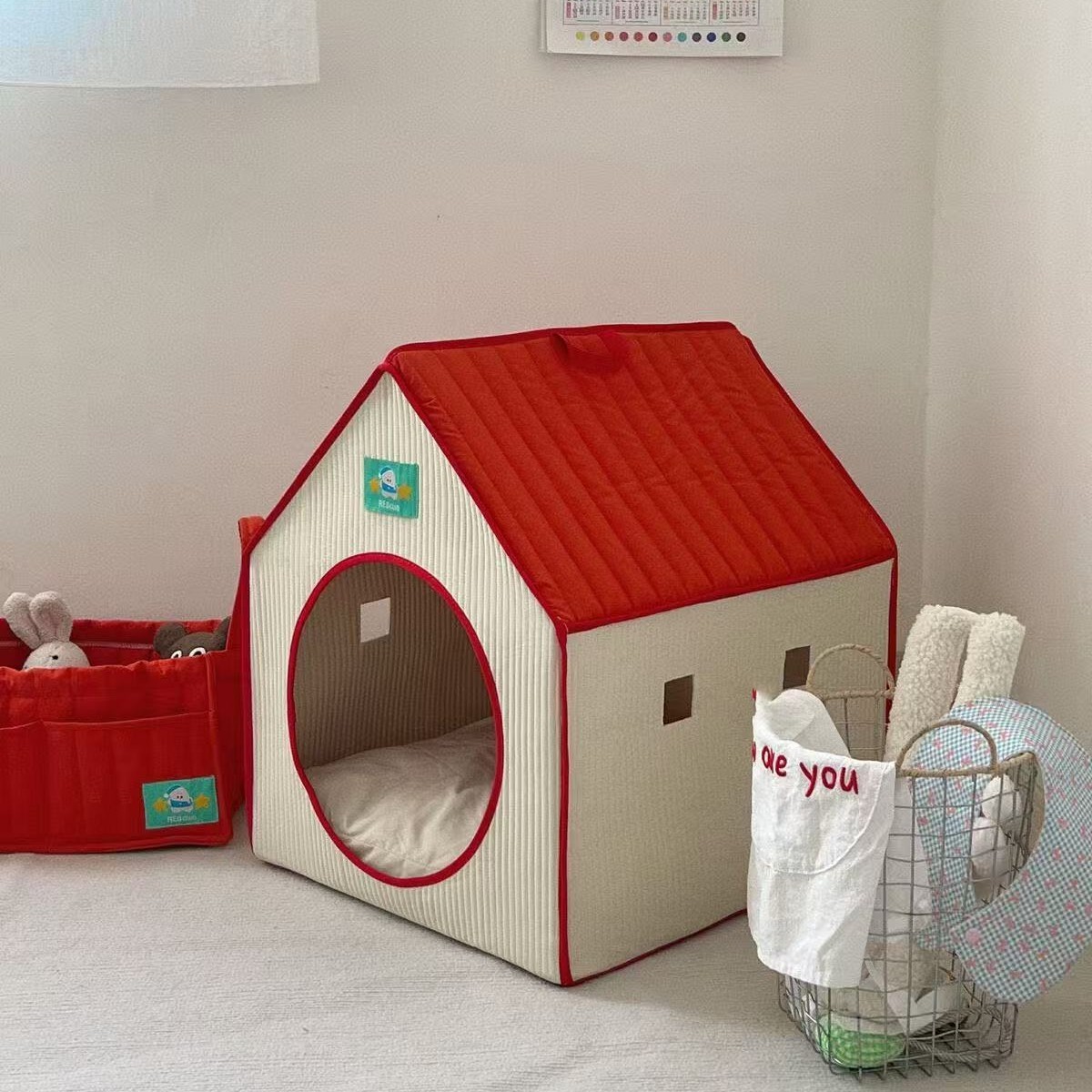 Red Pet House Tent Bed – Semi-Enclosed Cat & Dog Bed with Removable Washable Cushion - View 2
