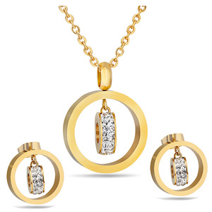 Ensemble collier et boucles d'oreilles en acier inoxydable avec strass pour femmes, bijoux géométriques ronds, mode, pour soirée, 20 mm - Product Image 1