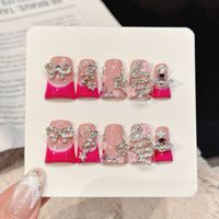 Kuku Akrilik Tempel Y2K Warna Magenta Gradasi French Tip 3D Rhinestone Motif Ular Pita Planet Bintang Bunga Bentuk Coffin 10 Pcs