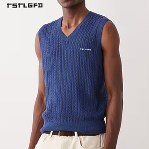 Gilet personnalisé pour homme, couleur unie, col en V, tricoté, sans manches, décontracté, chaud, style pull débardeur - Product Image 1