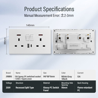 Prise murale double 13A UK Jinmai 146 avec ports USB Type-C, voyant lumineux, étanche IP44, ignifuge, en matériau PC pour maison et hôtel