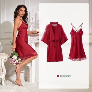 Conjunto de Pijama de Dos Piezas para <span class=keywords><strong>Mujer</strong></span>, Camisola de Encaje Simple y Transpirable de Satén con Cuello en V, Sexy y Personalizado para el Verano - Product Image 4