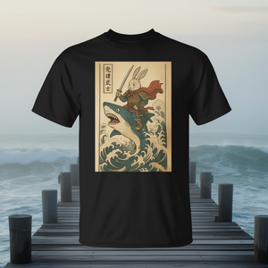 Camiseta gráfica vintage de anime japonés con diseño de conejito samurái montado en un tiburón para hombre - Product Image 3
