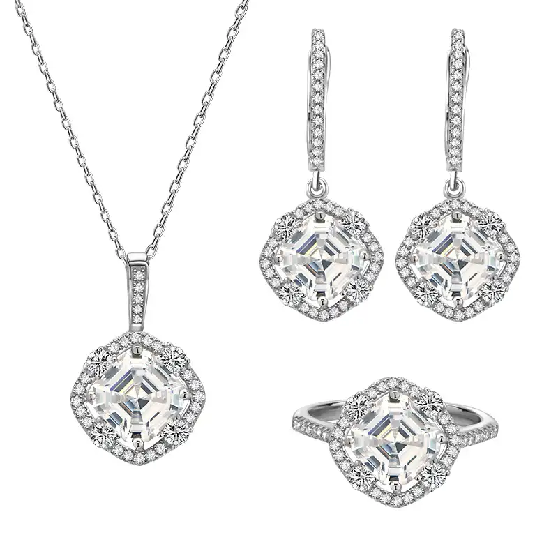 Grosir Desain Perhiasan Pernikahan Wanita Perak Murni S925 Persegi Berlian Utama Zirkon Anting Kalung Dubai Perhiasan Set
