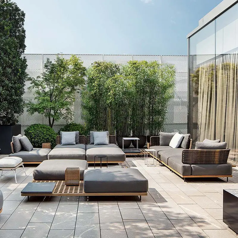 Moderno nuovo design in teak divano in rattan tavolino cortile soggiorno posti a sedere all'aperto mobili da giardino divano in rattan