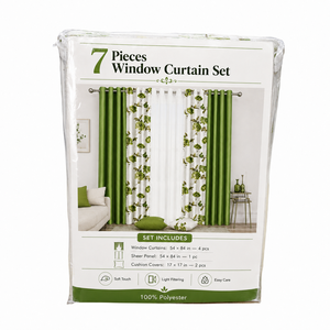 Juego de 7 piezas de cortinas de seda sintética estampada con paneles sólidos, cortina transparente y fundas de cojín, cortinas con ojales para ventana, venta al por mayor - Product Image 1