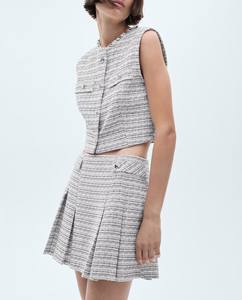 Mini-jupe en tweed de luxe avec boutons, taille naturelle, imprimé géométrique - Jupe d'été décontractée pour femme - Product Image 3